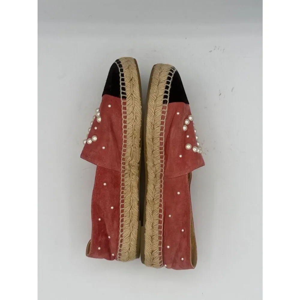 New CHANEL Rose/Black Suede Pearl Logo Espadrilles Size 38/ US 8